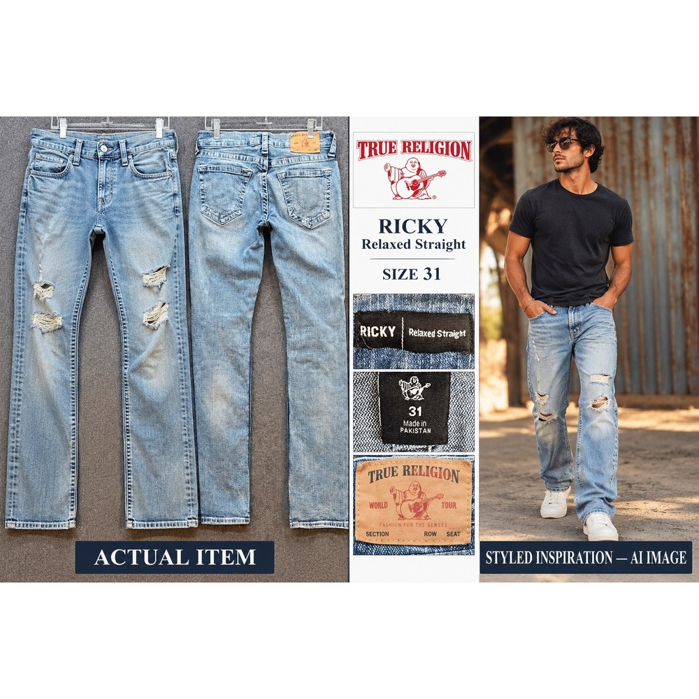True Religion Ricky Relaxed Straight Jeans Mens Distressed Light Wash 31 Good